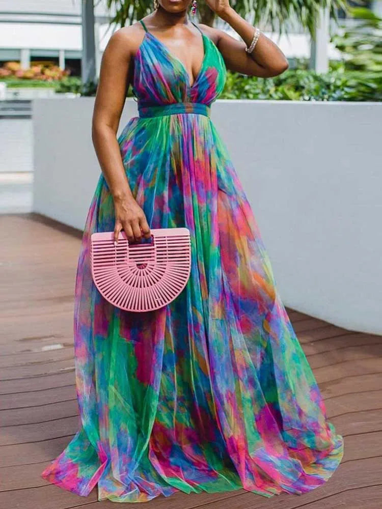 Robe Longue Dos Nu — Col en V, Imprimé Tie-Dye & Ourlet en Maille