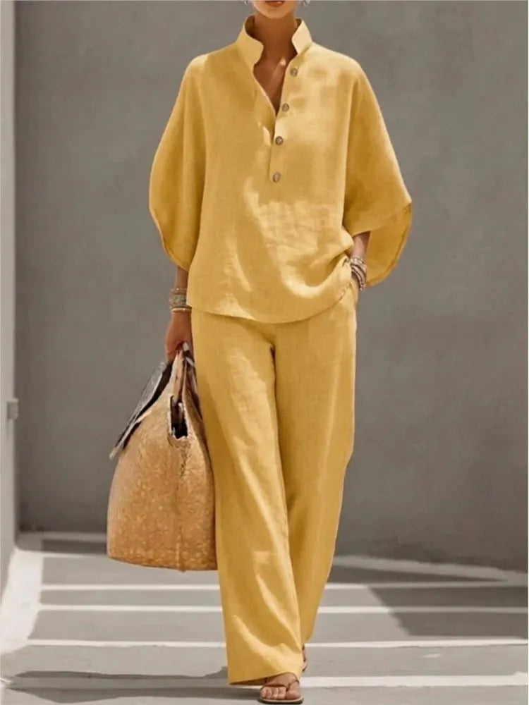 Ensemble 2 Pièces Coton & Lin – Chemise Col Montant Boutonnée & Pantalon Cheville