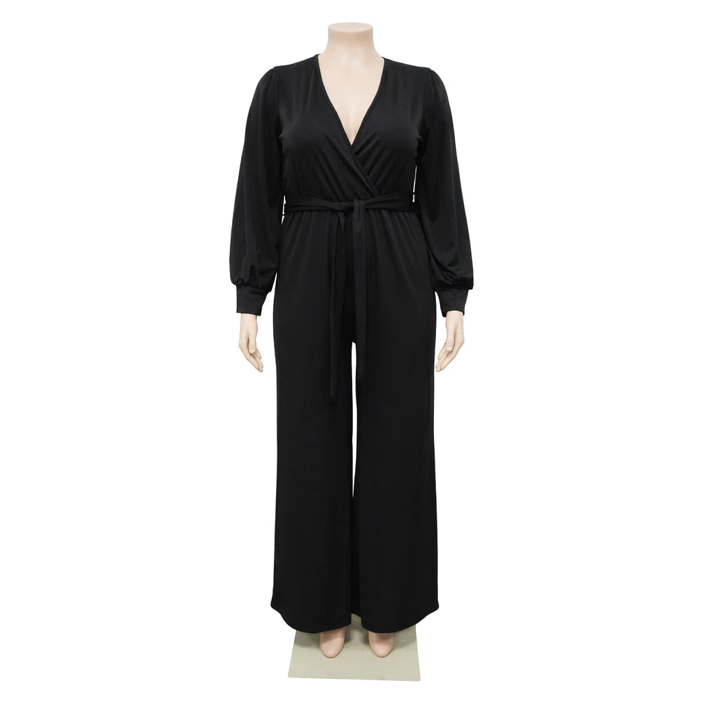 Combinaison Col en V & Ceinture — Écharpe, Jambes Larges, Pleine Longueur, Automne/Hiver