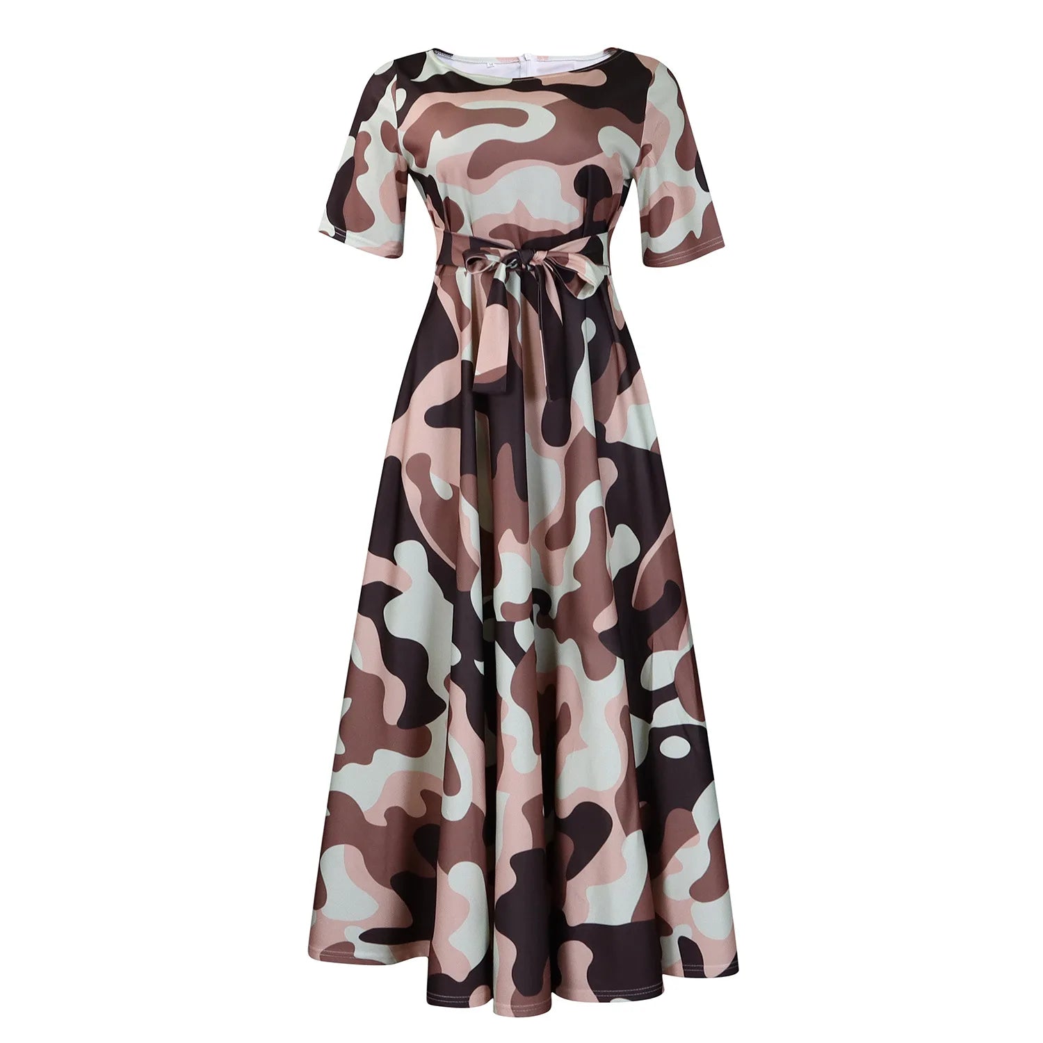 Robe Longue Imprimée avec Ceinture — Col Rond, Manches Courtes, Longueur Cheville
