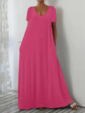 Robe Longue Ample — Col en V, Manches Courtes & Poche