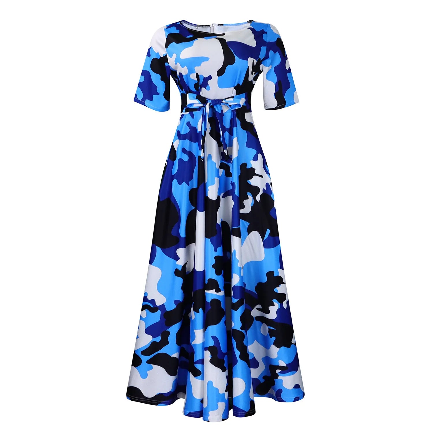 Robe Longue Imprimée avec Ceinture — Col Rond, Manches Courtes, Longueur Cheville