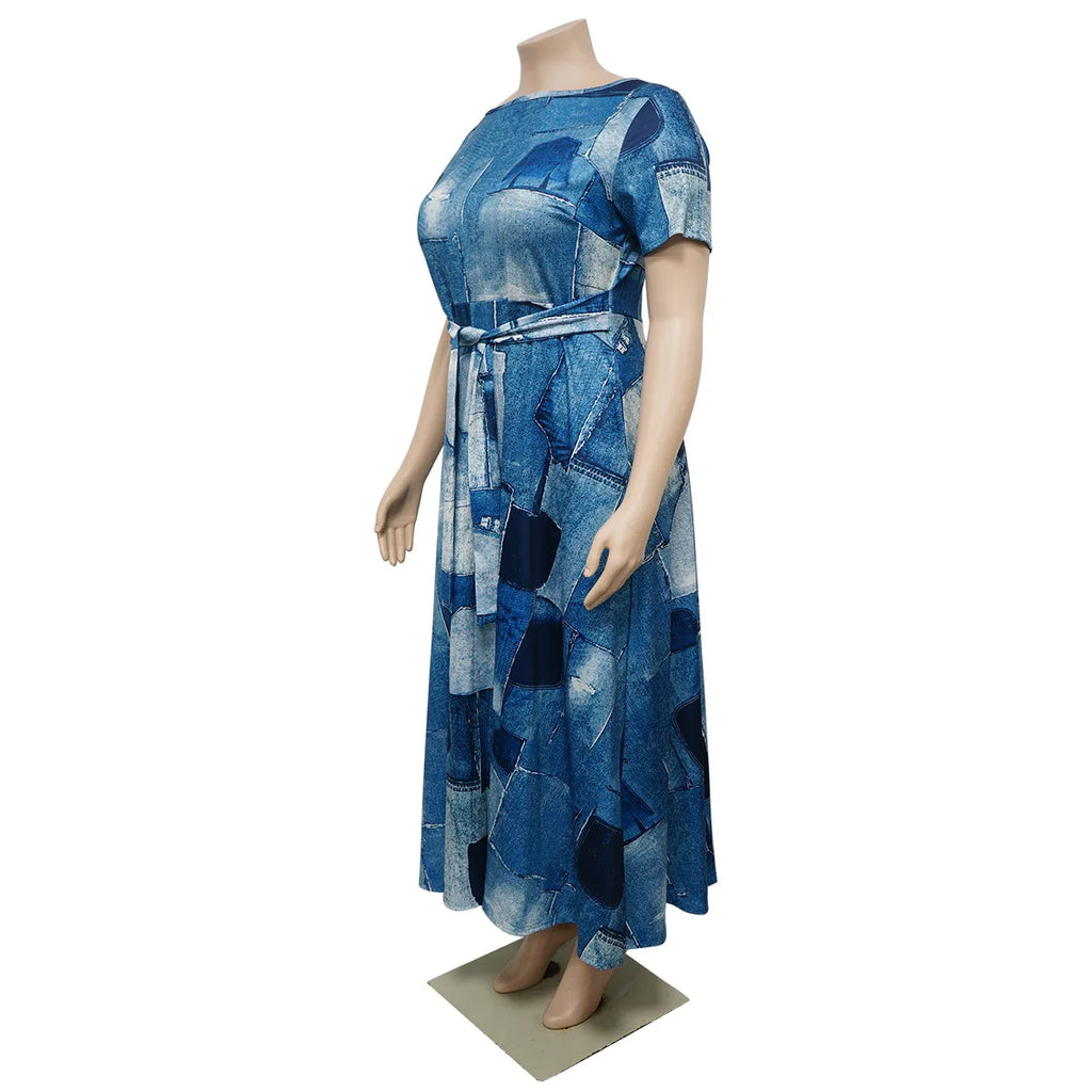 Robe Longue Imprimée — Col Rond, Manches Courtes, Longueur Cheville