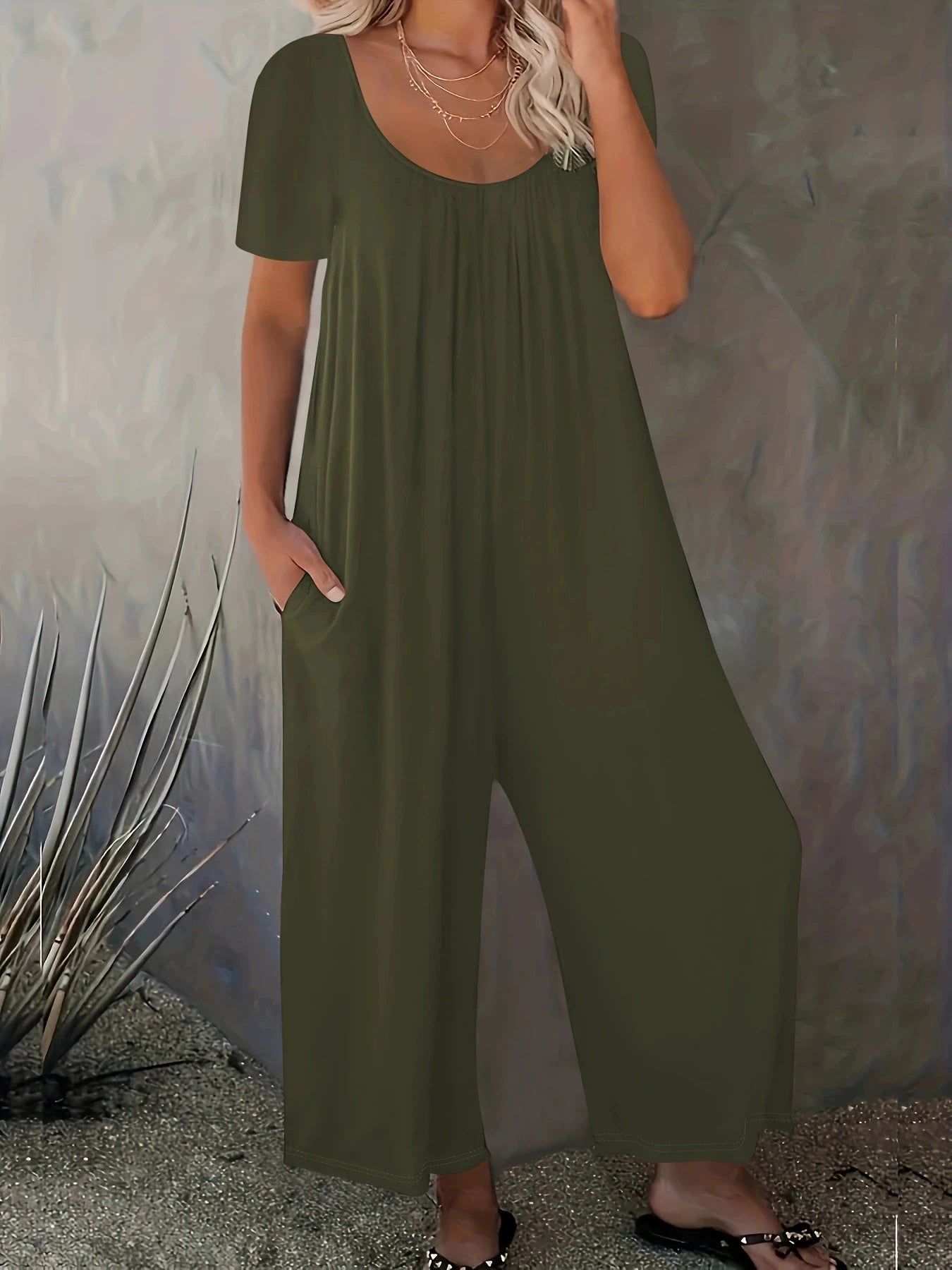Combinaison Salopette Jambes Larges — Couleur Unie, Manches Courtes & Poches