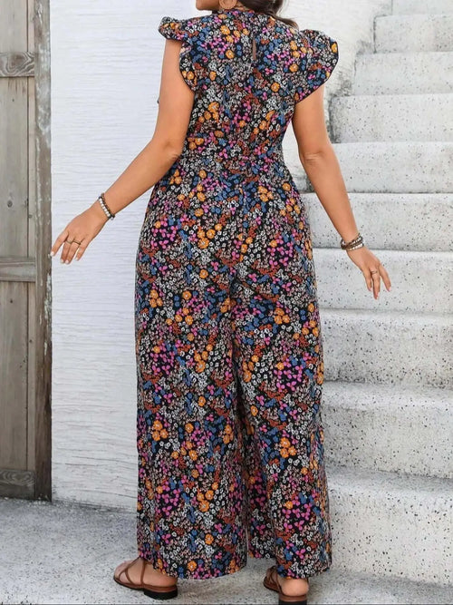 Combinaison Boho Florale Épaules Nouées — Col en V, Sans Manches, Jambes Larges