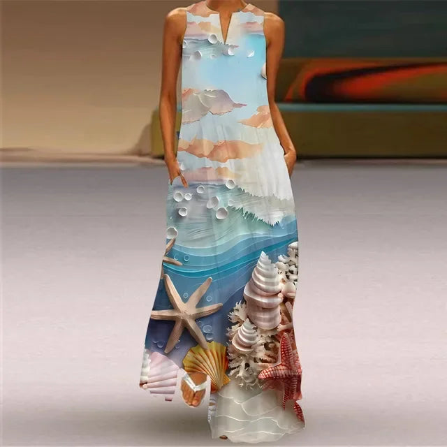 Robe Longue Imprimée Artistique — Col en V, Sans Manches, Poche, Longueur Sol