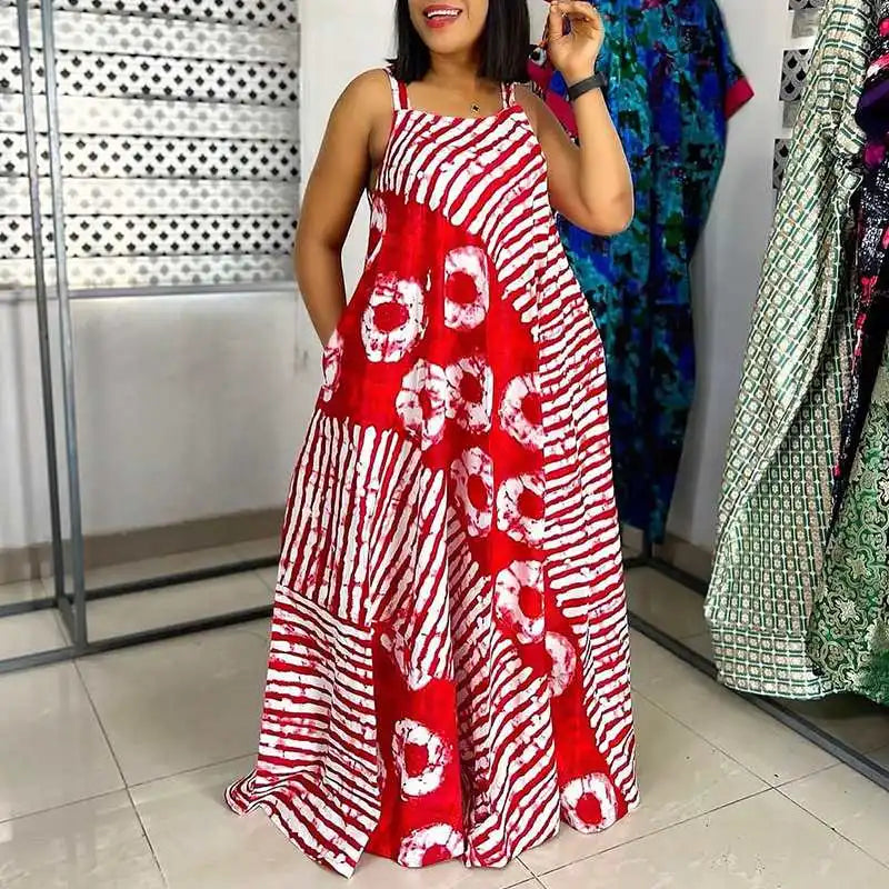 Robe Maxi Bohème Imprimée — Col Carré, Sans Manches, Longueur Cheville