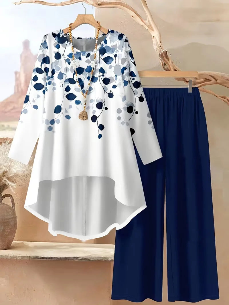 Ensemble 2 Pièces Floral — Haut Manches Longues & Pantalon Jambes Larges