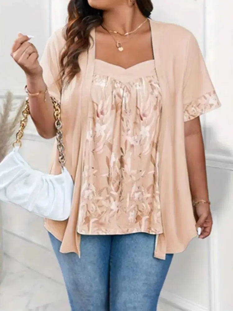 Top Floral 2 en 1 — Col Cou Fendu & Manches Mi-Longues