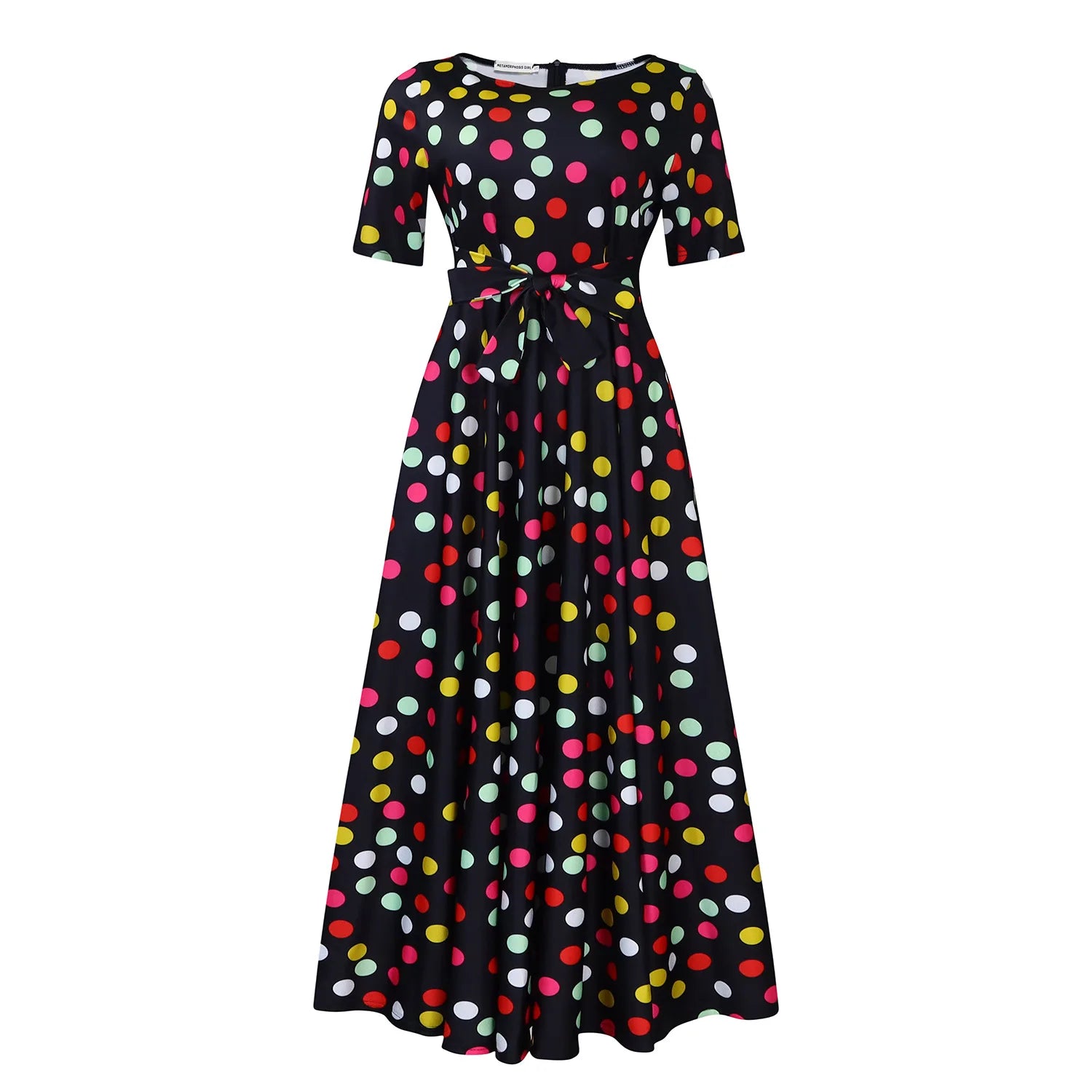 Robe Longue Imprimée avec Ceinture — Col Rond, Manches Courtes, Longueur Cheville