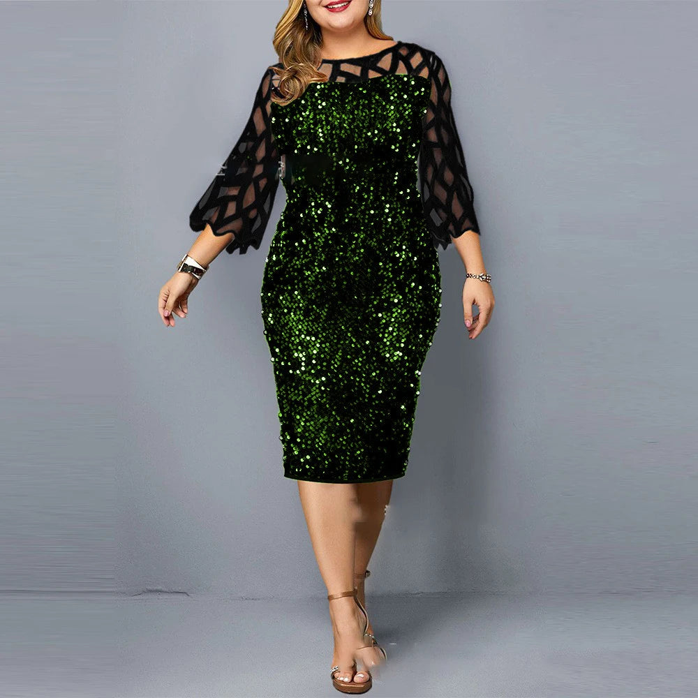 Robe Midi Sequins — Manches Courtes, Silhouette Une Ligne, Style Soirée