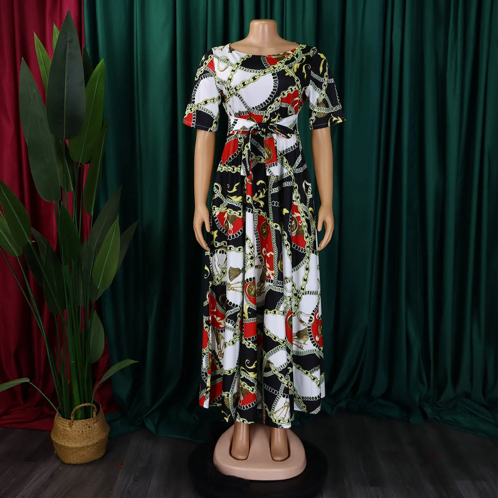 Robe Longue Imprimée avec Ceinture — Col Rond, Manches Courtes, Longueur Cheville