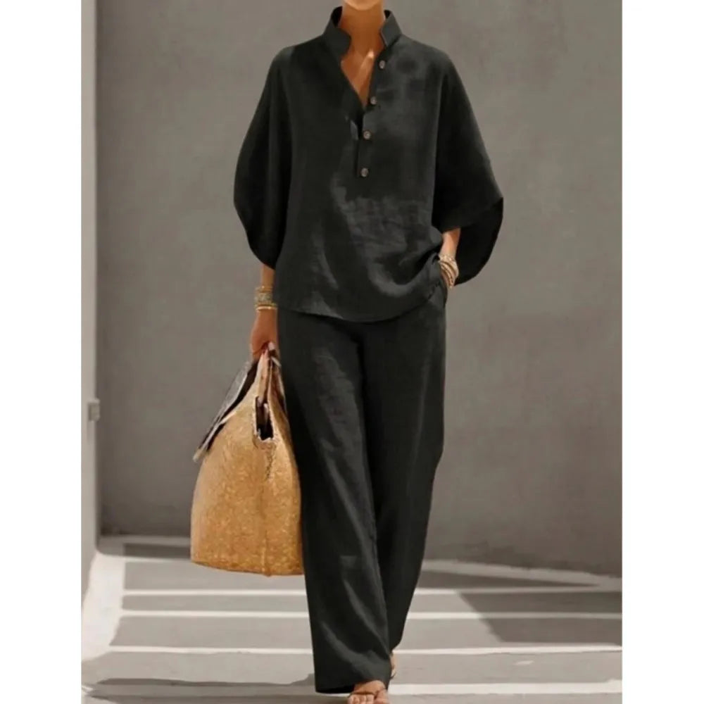 Ensemble 2 Pièces Coton & Lin – Chemise Col Montant Boutonnée & Pantalon Cheville