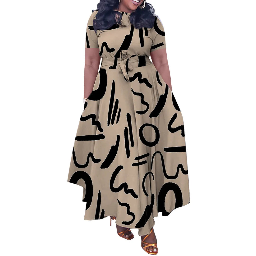Robe Longue Imprimée — Col Rond, Manches Courtes, Longueur Cheville