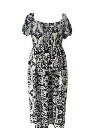 Robe Bohème Imprimée — Épaules Dénudées & Coupe Ample