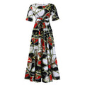 Robe Longue Imprimée avec Ceinture — Col Rond, Manches Courtes, Longueur Cheville