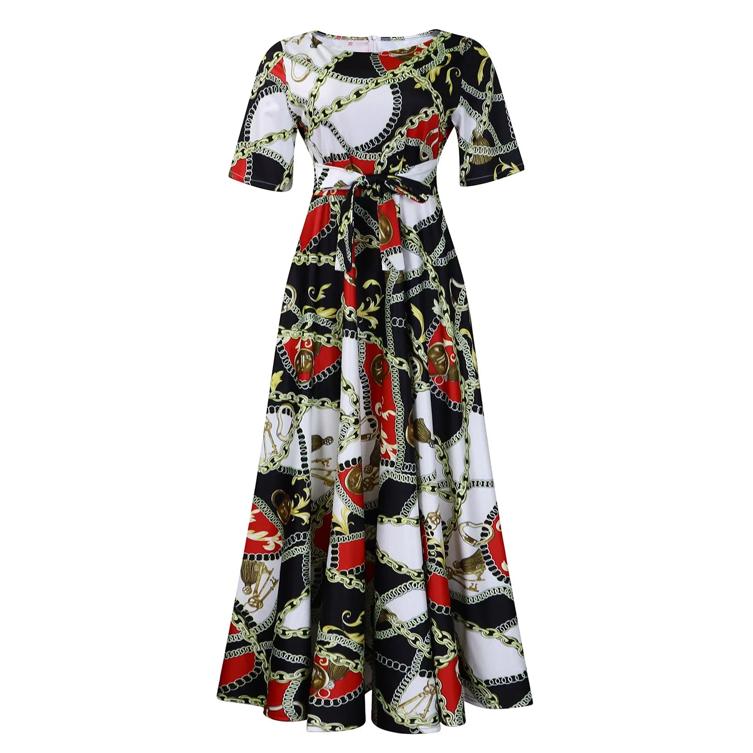 Robe Longue Imprimée avec Ceinture — Col Rond, Manches Courtes, Longueur Cheville