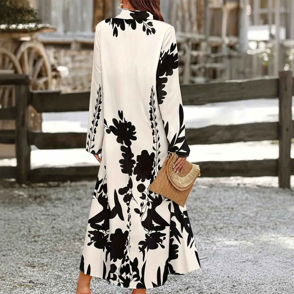 Robe Longue Florale Noir & Blanc – Manches Longues & Longueur Cheville