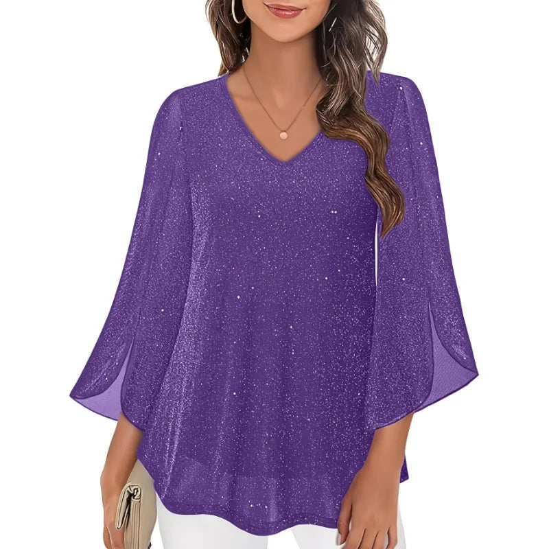 Chemise Ample Col en V — Manches 3/4 Évasées, Ouverture Totale, Coupe Régulière