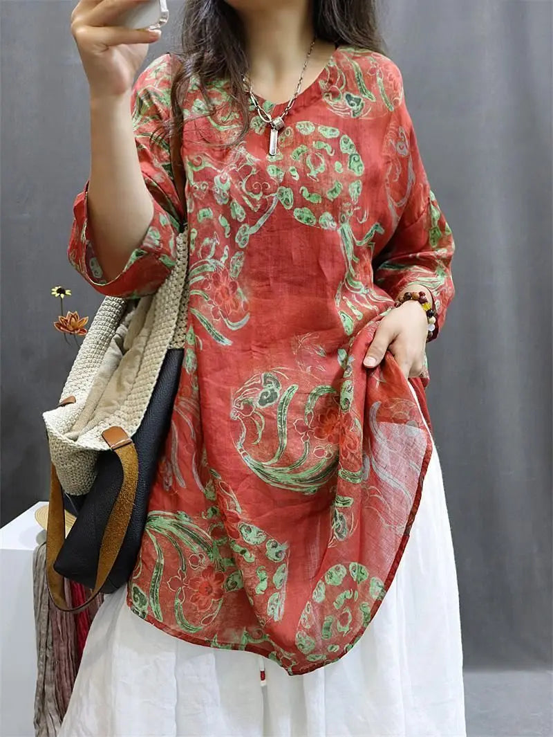 Chemise Mi-Longue Style Chinois — Col Mandarin, Manches Courtes, Imprimé Floral, Coupe Lâche