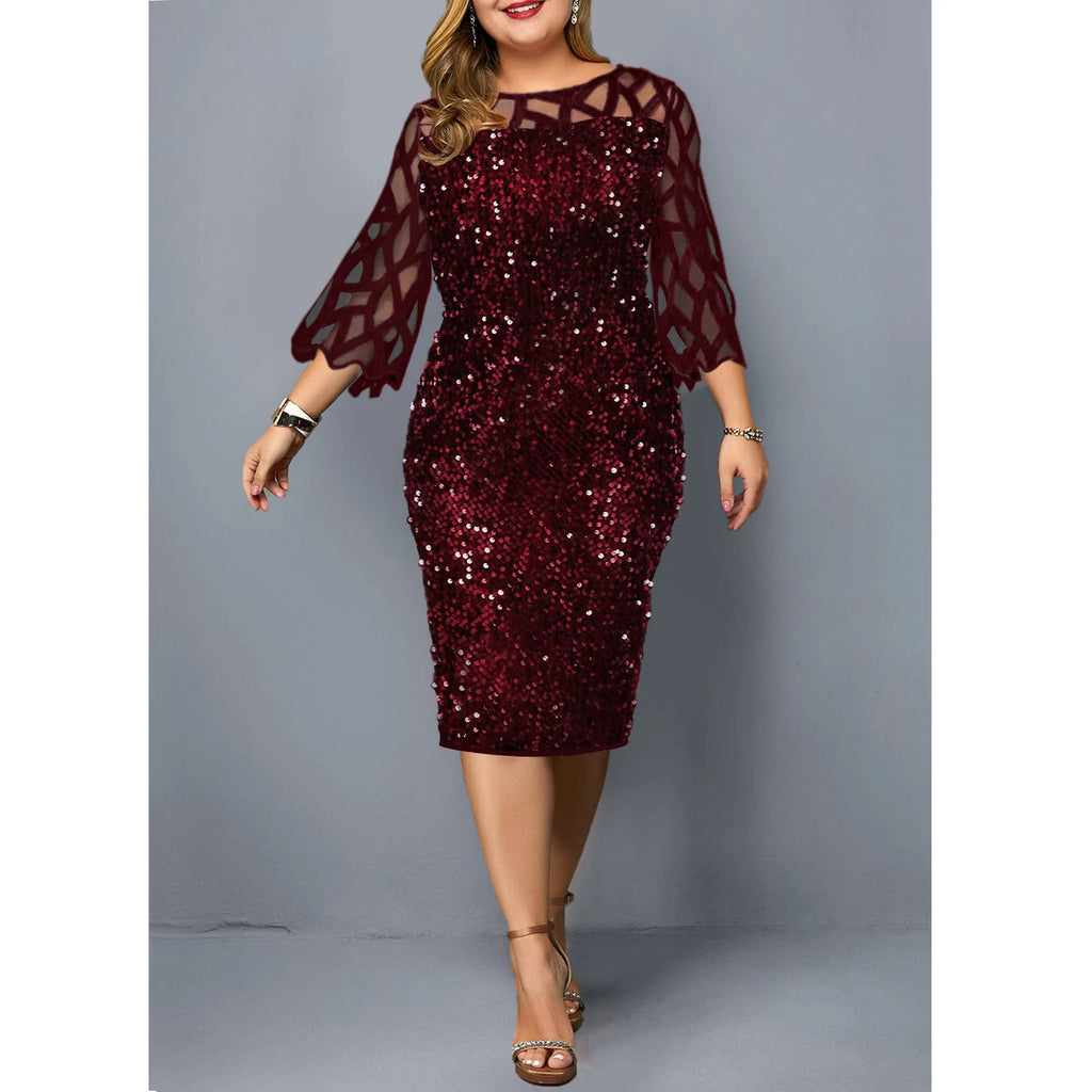 Robe Midi Sequins — Manches Courtes, Silhouette Une Ligne, Style Soirée