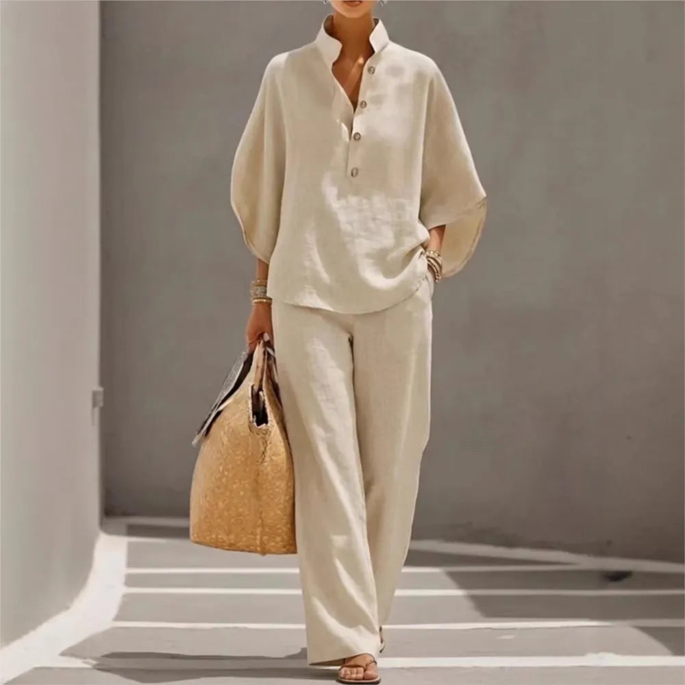 Ensemble 2 Pièces Coton & Lin – Chemise Col Montant Boutonnée & Pantalon Cheville