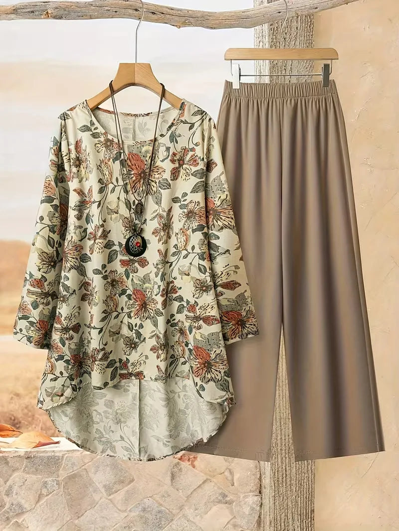 Ensemble 2 Pièces Floral — Haut Manches Longues & Pantalon Jambes Larges