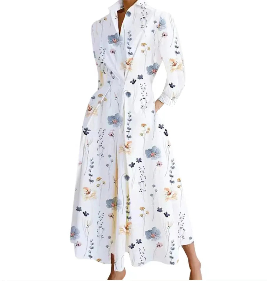 Robe Chemise Imprimée — Col en V, Revers & Boutons, Longueur Cheville