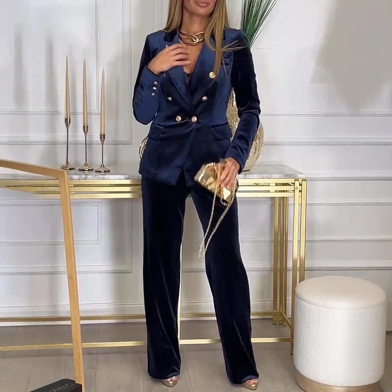 Ensemble 2 Pièces Slim — Col Rabattu, Double Boutonnage, Pantalon Cheville, Soirée