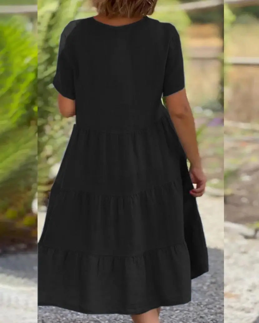 Robe Décontractée Col en V — Manches Courtes, Lin & Fibre, Longueur Genou, Silhouette Une Ligne