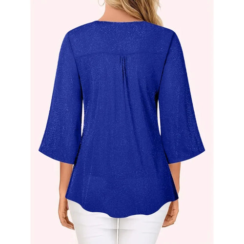 Chemise Ample Col en V — Manches 3/4 Évasées, Ouverture Totale, Coupe Régulière