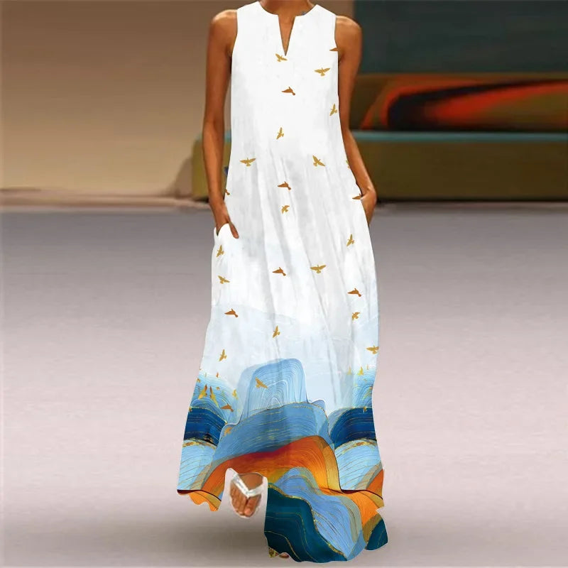Robe Longue Imprimée Vintage — Col en V, Sans Manches, Longueur Sol