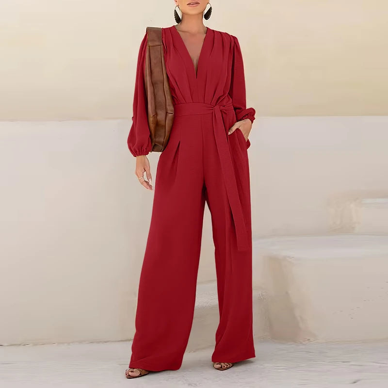 Combinaison Manches Longues Plissées — Col Revers, Ceinture, Pantalon Cheville