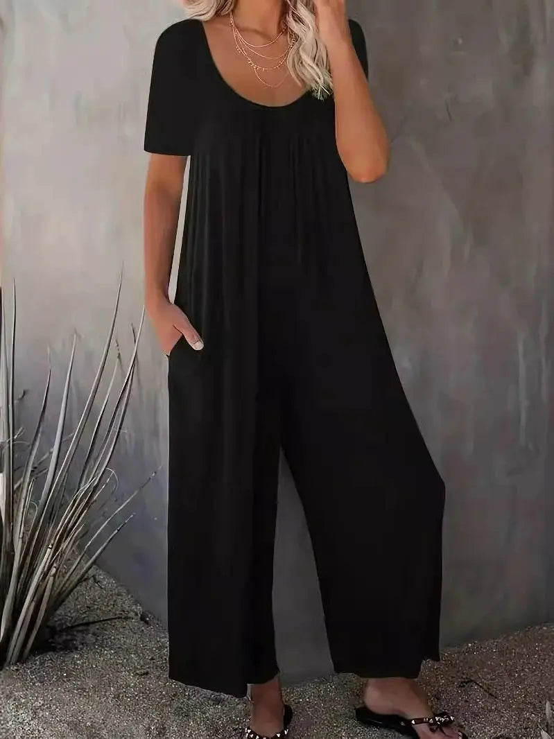 Combinaison Salopette Jambes Larges — Couleur Unie, Manches Courtes & Poches