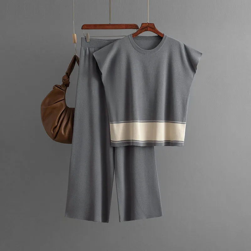 Ensemble 2 Pièces Tricot — Top Col Rond & Pantalon Jambes Larges
