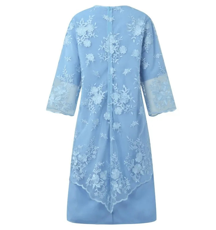 Ensemble 2 Pièces Robe Soirée — Col Rond, Broderie Dentelle, Manches 3/4, Slim Fit