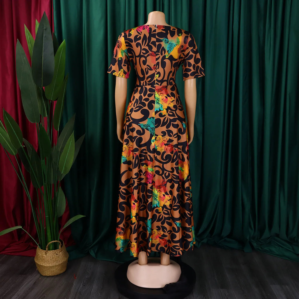 Robe Longue Imprimée avec Ceinture — Col Rond, Manches Courtes, Longueur Cheville