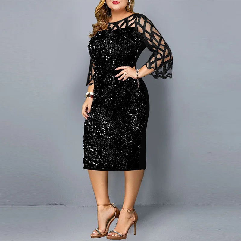 Robe Midi Sequins — Manches Courtes, Silhouette Une Ligne, Style Soirée