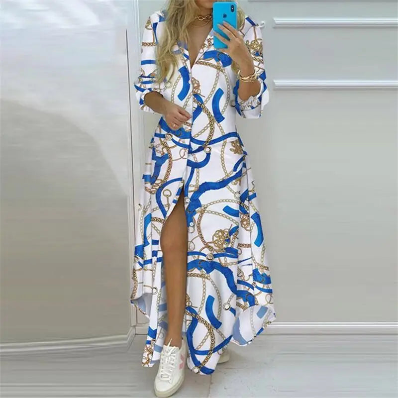 Robe Longue Bohème Imprimée — Col Rabattu, Manches Longues, Longueur Cheville