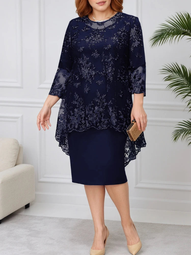 Ensemble 2 Pièces Robe Soirée — Col Rond, Broderie Dentelle, Manches 3/4, Slim Fit