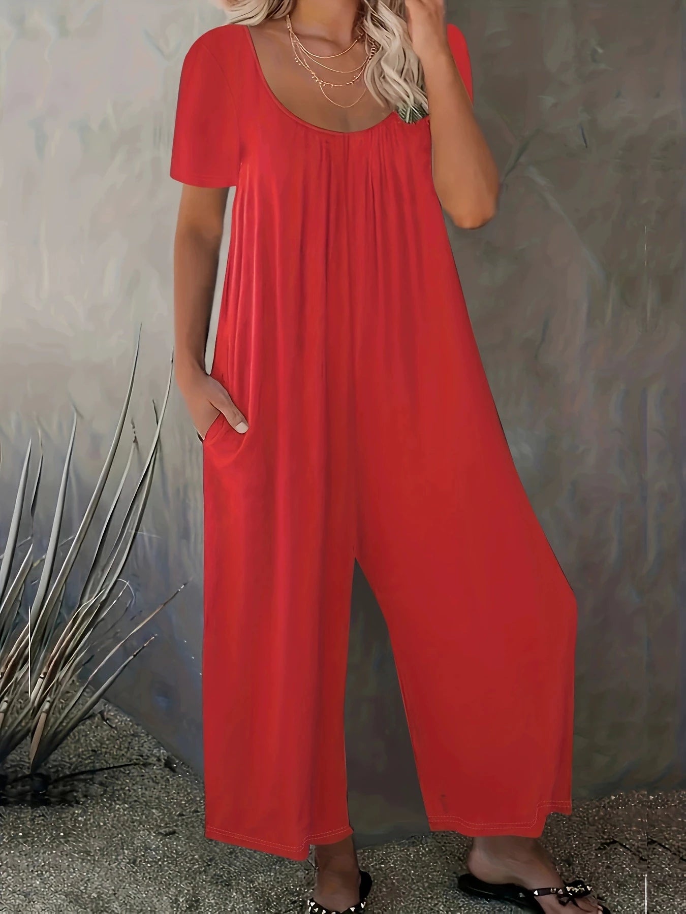 Combinaison Salopette Jambes Larges — Couleur Unie, Manches Courtes & Poches