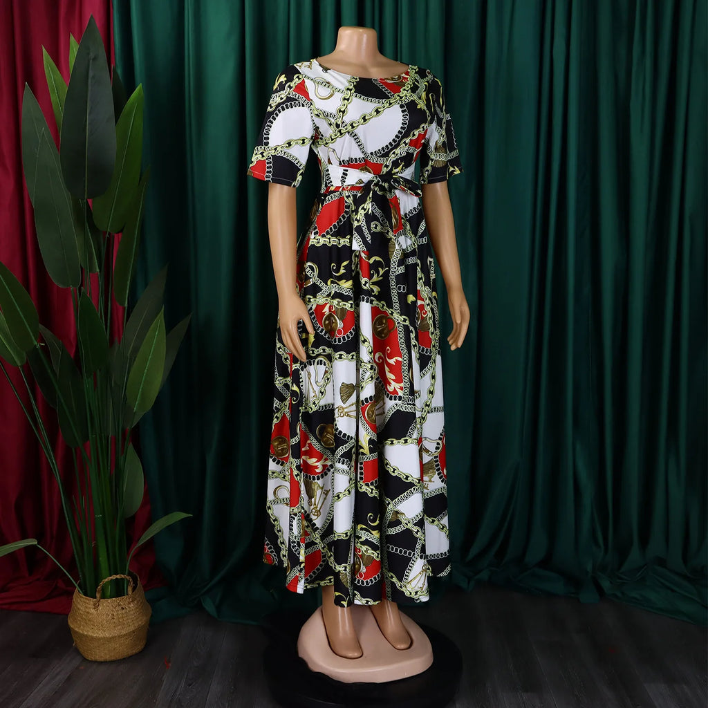 Robe Longue Imprimée avec Ceinture — Col Rond, Manches Courtes, Longueur Cheville