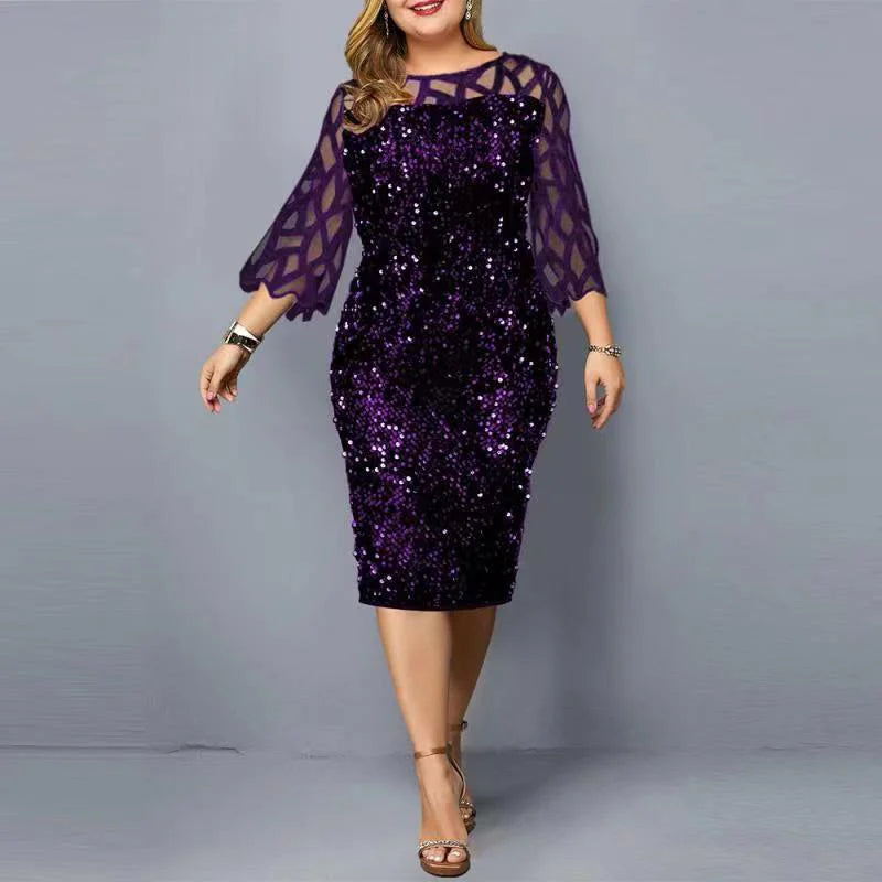 Robe Midi Sequins — Manches Courtes, Silhouette Une Ligne, Style Soirée