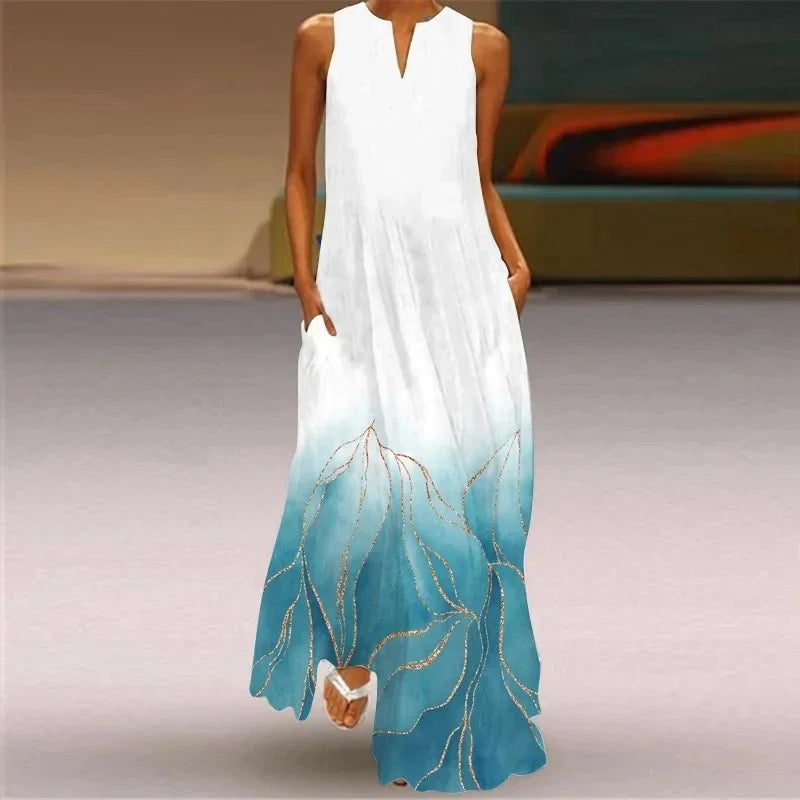 Robe Longue Imprimée Vintage — Col en V, Sans Manches, Longueur Sol
