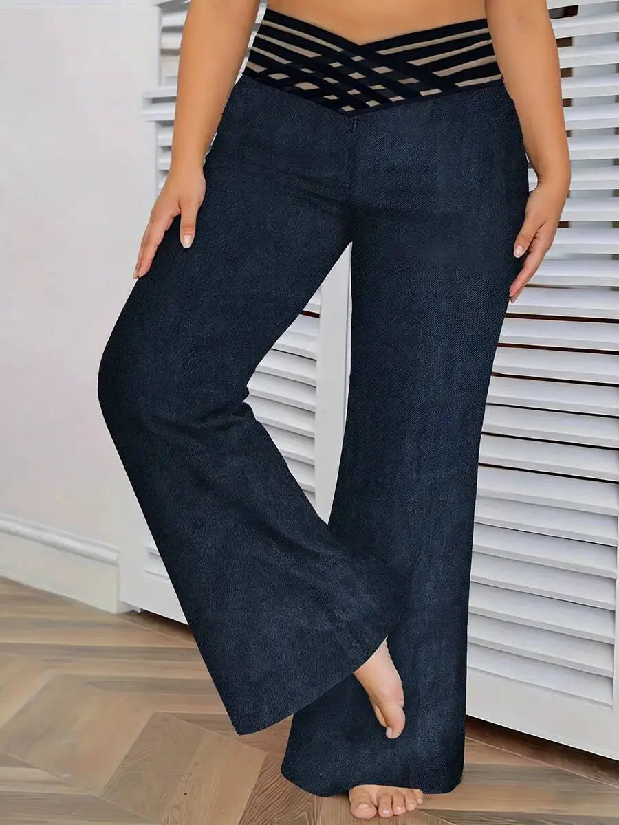 Pantalon Large Taille Haute Maille Transparente — Style Y2K Streetwear, Pleine Longueur