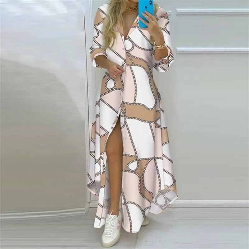 Robe Longue Bohème Imprimée — Col Rabattu, Manches Longues, Longueur Cheville