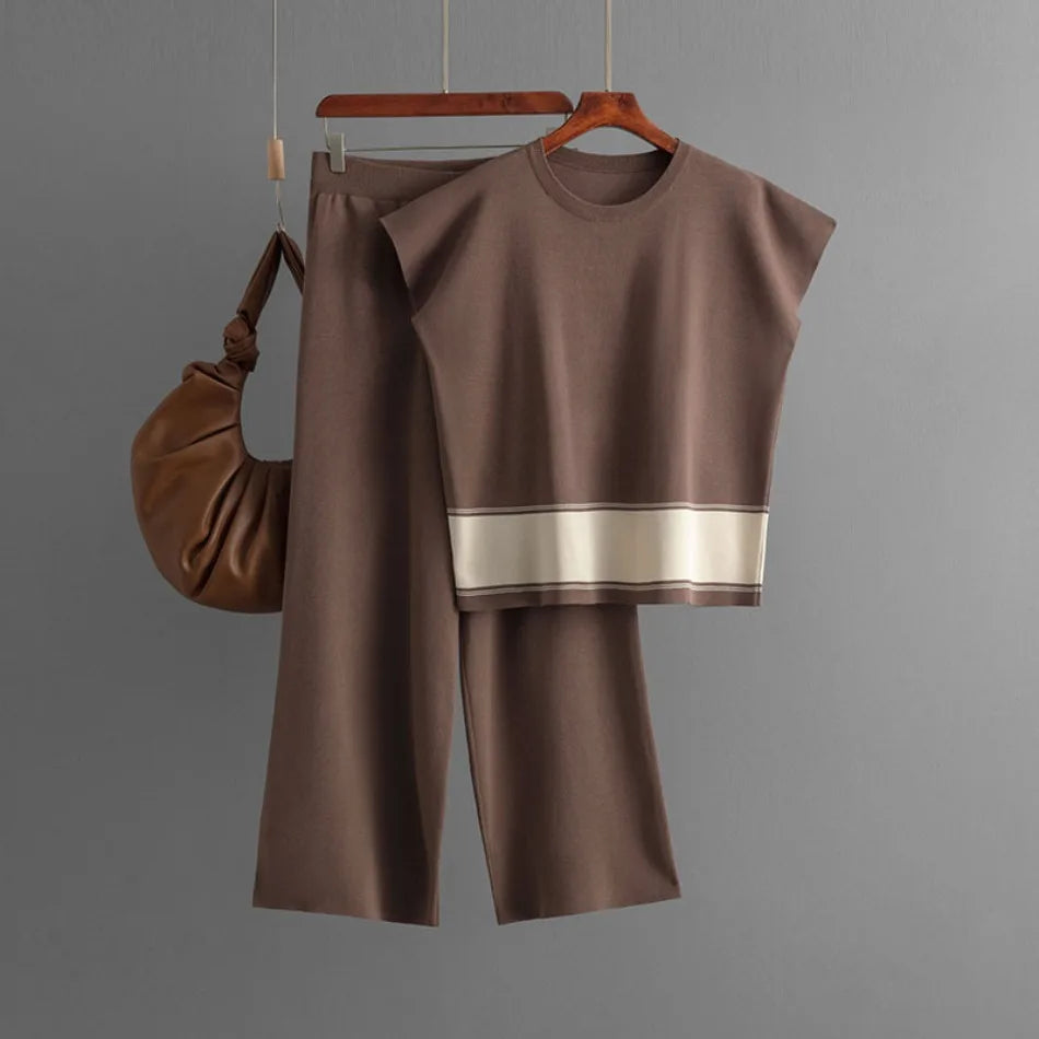 Ensemble 2 Pièces Tricot — Top Col Rond & Pantalon Jambes Larges