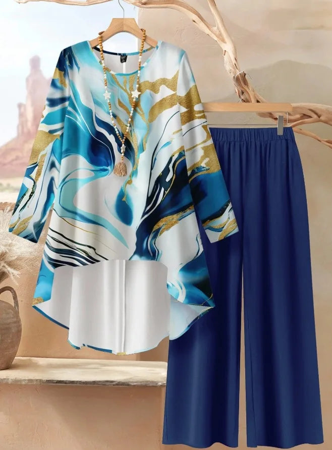 Ensemble 2 Pièces Floral — Haut Manches Longues & Pantalon Jambes Larges