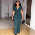 Ensemble 2 Pièces Col en V & Taille Cintrée — Pantalon Jambes Larges, Poche, Longueur Cheville