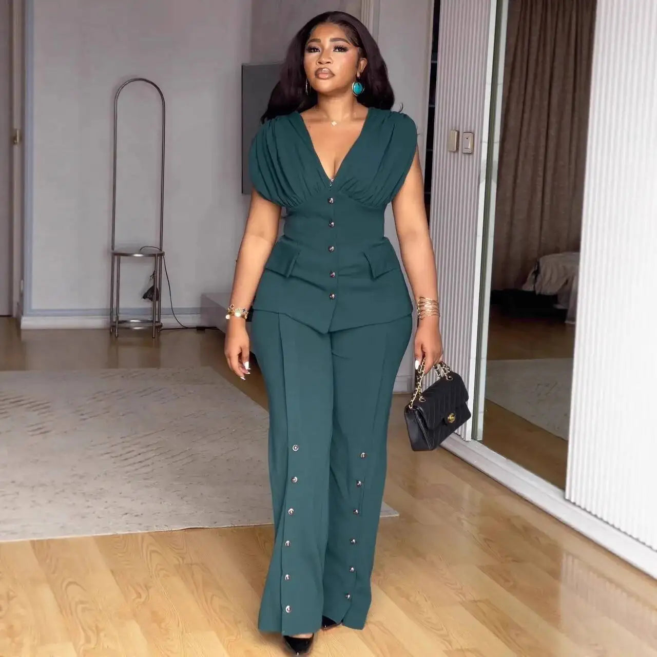 Ensemble 2 Pièces Col en V & Taille Cintrée — Pantalon Jambes Larges, Poche, Longueur Cheville